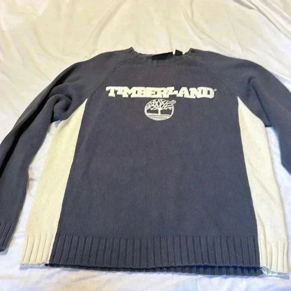 Timberland crewneck sweater logo front blue cream size XL